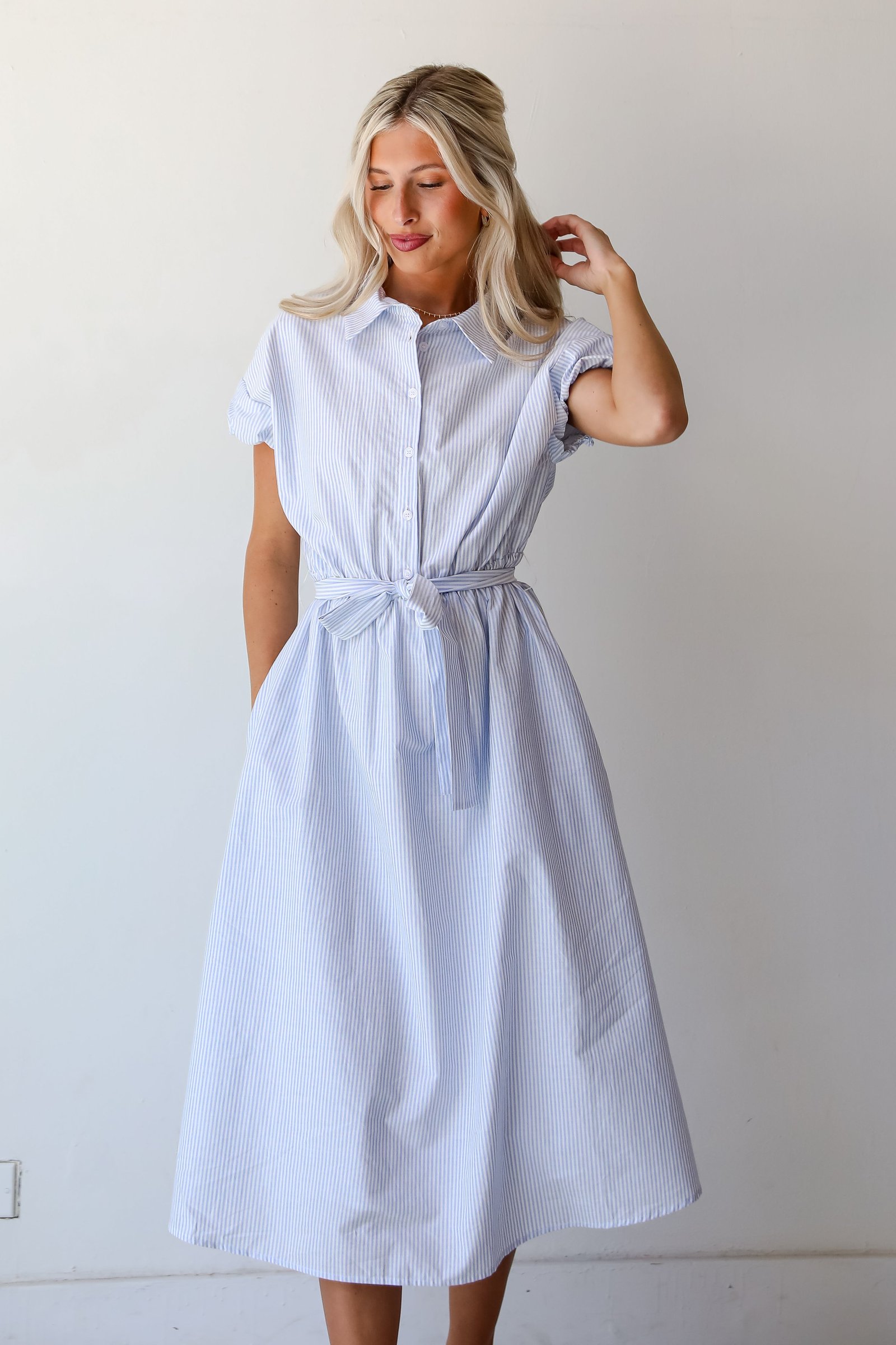 Keep It Classic Light Blue Striped Midi Dress JW16