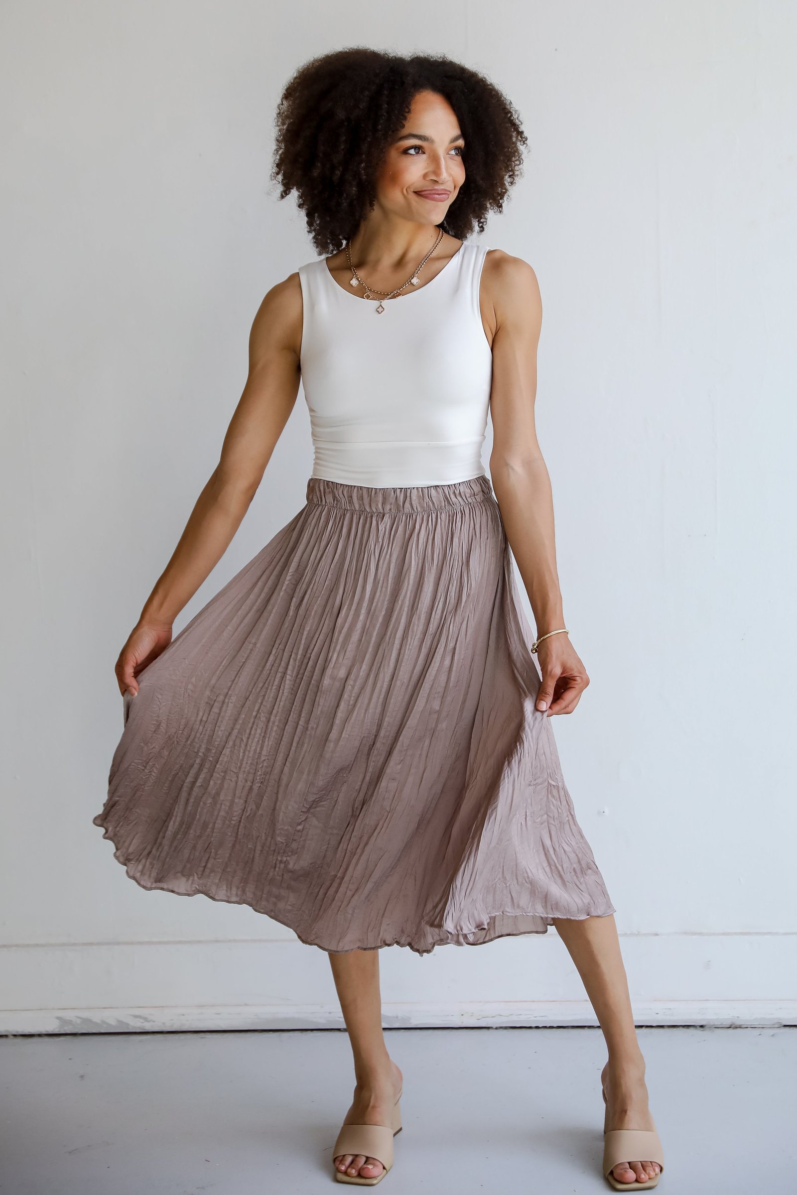 Gorgeous Icon Taupe Satin Midi Skirt JW17