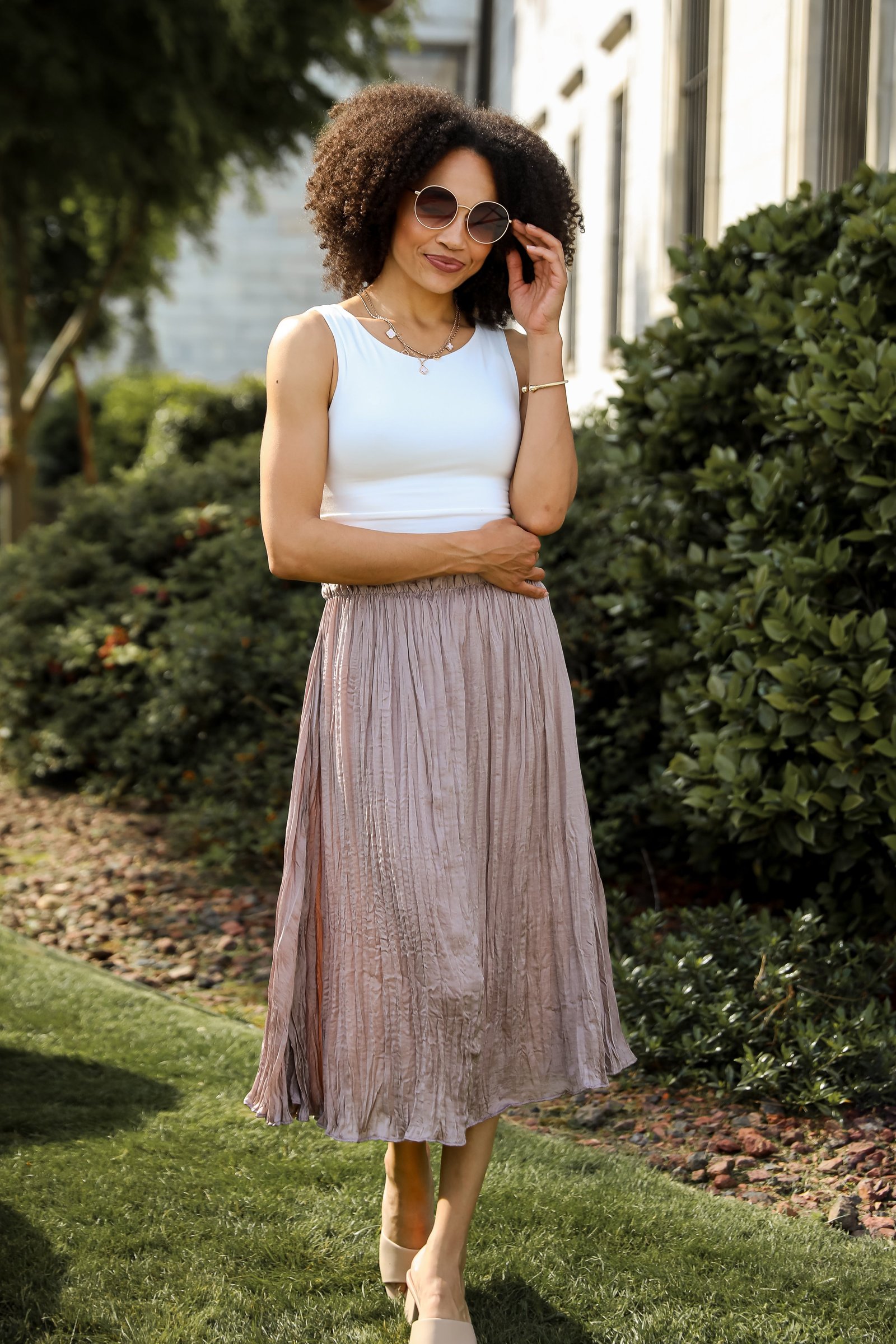 Gorgeous Icon Taupe Satin Midi Skirt JW17